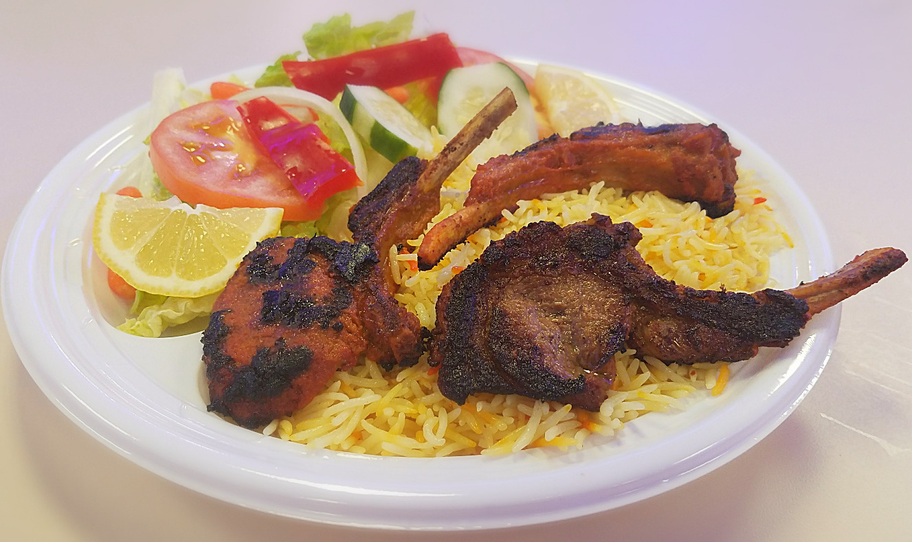 Halal Lamb Chops and Saffron Basmati prepared and sold at Crown Fried Chicken. A halal restaurant in Portland Maine