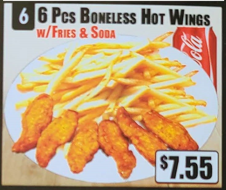 Crown Fried Chicken - 6 Piece Boneless Hot Wings with Rice and Soda.jpg